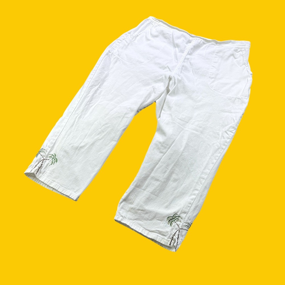 Quacker Factory Crop Pant Women 1X White Palm Tree Rhinestone Summer Beach Capri